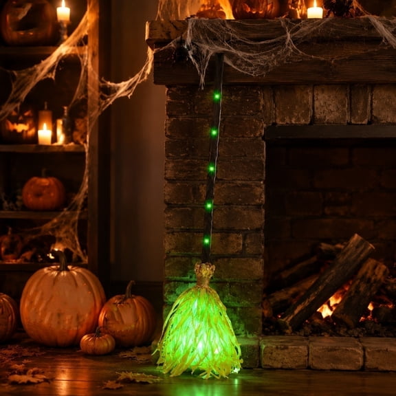 Halloween Witch Broom Prop 35.43 Inch Light Up Broomstick with Green LED Glow and Straw Bristles for Halloween Party Cosplay Costume Accessory Decor