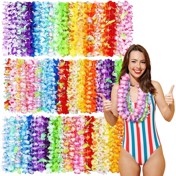 Elcoho 144 Pack Hawaiian Leis Bulk, Assorted Tropical Flower Lei Necklaces, Colorful Garland Decorations for Luau Summer Beach Pool Birthday Party Favors