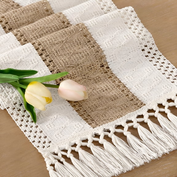 AUQ Boho Table Runner Easter Spring Farmhouse Rustic Dining Kitchen Centerpiece Decor Small Macrame Woven Cotton Linen Coffee Table Runner for Dresser Scarf Home Decor 12X36 Inch