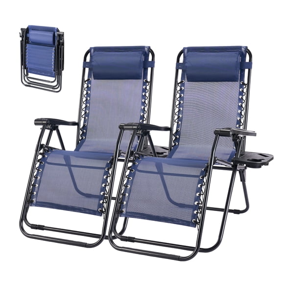 SHOUFTW 2 Pcs Zero Gravity Chair, Portable Reclining Camping Chair with Adjustable Pillow & Cup Holder Trays, Blue