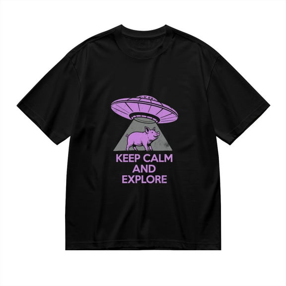 Black T Shirts for Men, UFO Pig Keep Calm And Explore, Graphic Mens Graphic Tees, 24936728,XXL