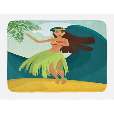 Hula Girl Bath Mat, Woman Dancing on Sandy Beach Surfing Waves Aloha Palm Trees Hello Summer, Plush Bathroom Decor Mat with Non Slip Backing, 29.5" X 17.5", Multicolor, by Ambesonne