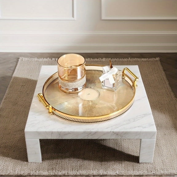 GYTY Luxury Golden Rimmed Round Plastic Serving Tray with Handles - Elegant European Style Decorative Storage Organizer for Living Room Coffee Table, Cup and Accessory Holder