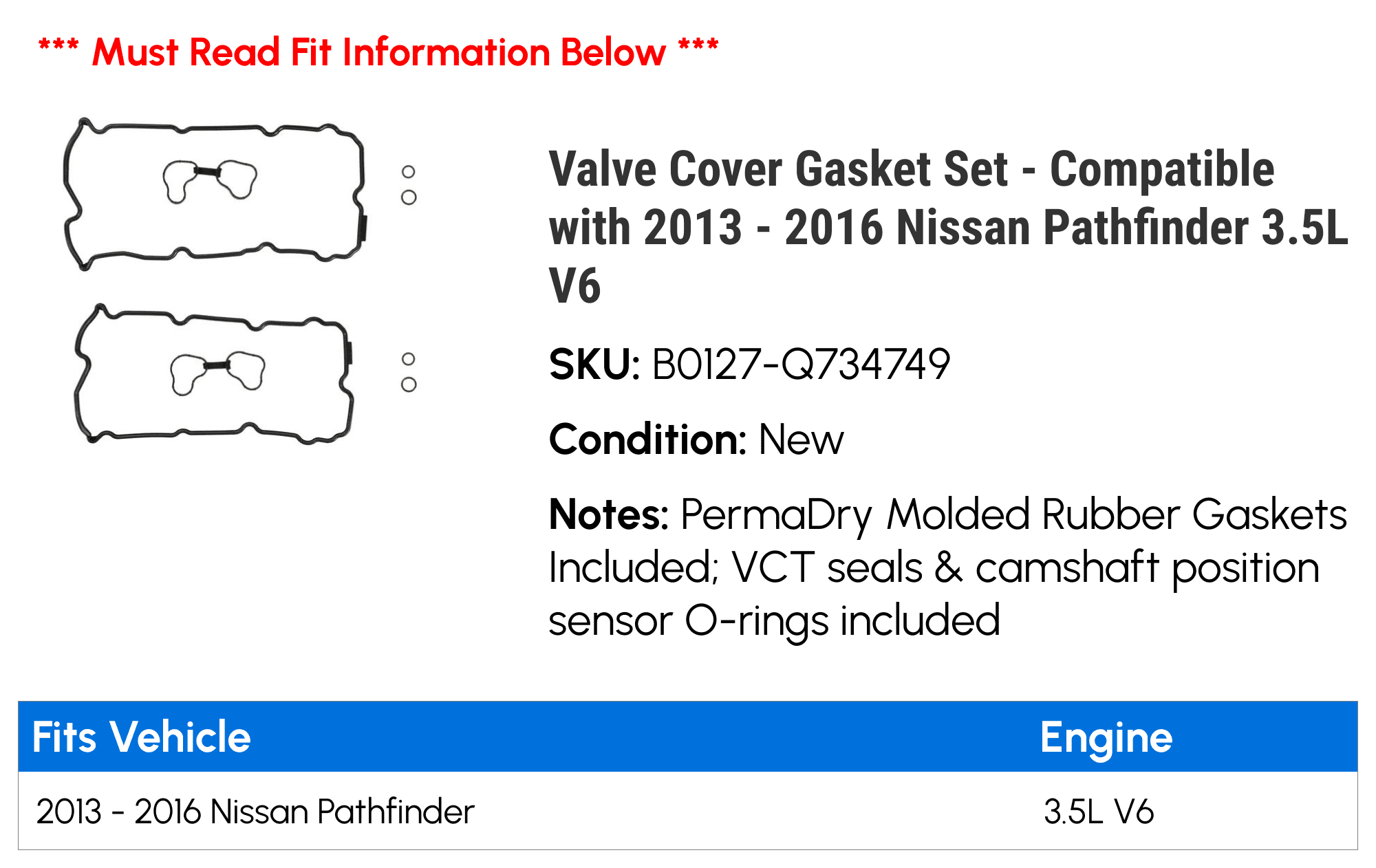 Valve Cover Gasket Set - Compatible with 2013 - 2016 Nissan Pathfinder 3.5L V6 2014 2015