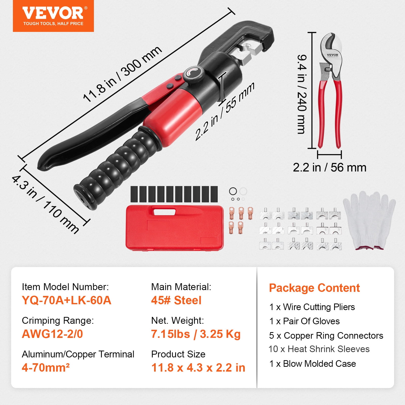 VEVOR Hydraulic Crimping Tool with 9 Sets of Dies AWG12-2/0 Copper And Aluminum Terminal Battery Lug Crimper, with a Cutting Pliers, Gloves, 5pcs Copper Ring Connectors, 8pcs Heat Shrink Sleeves