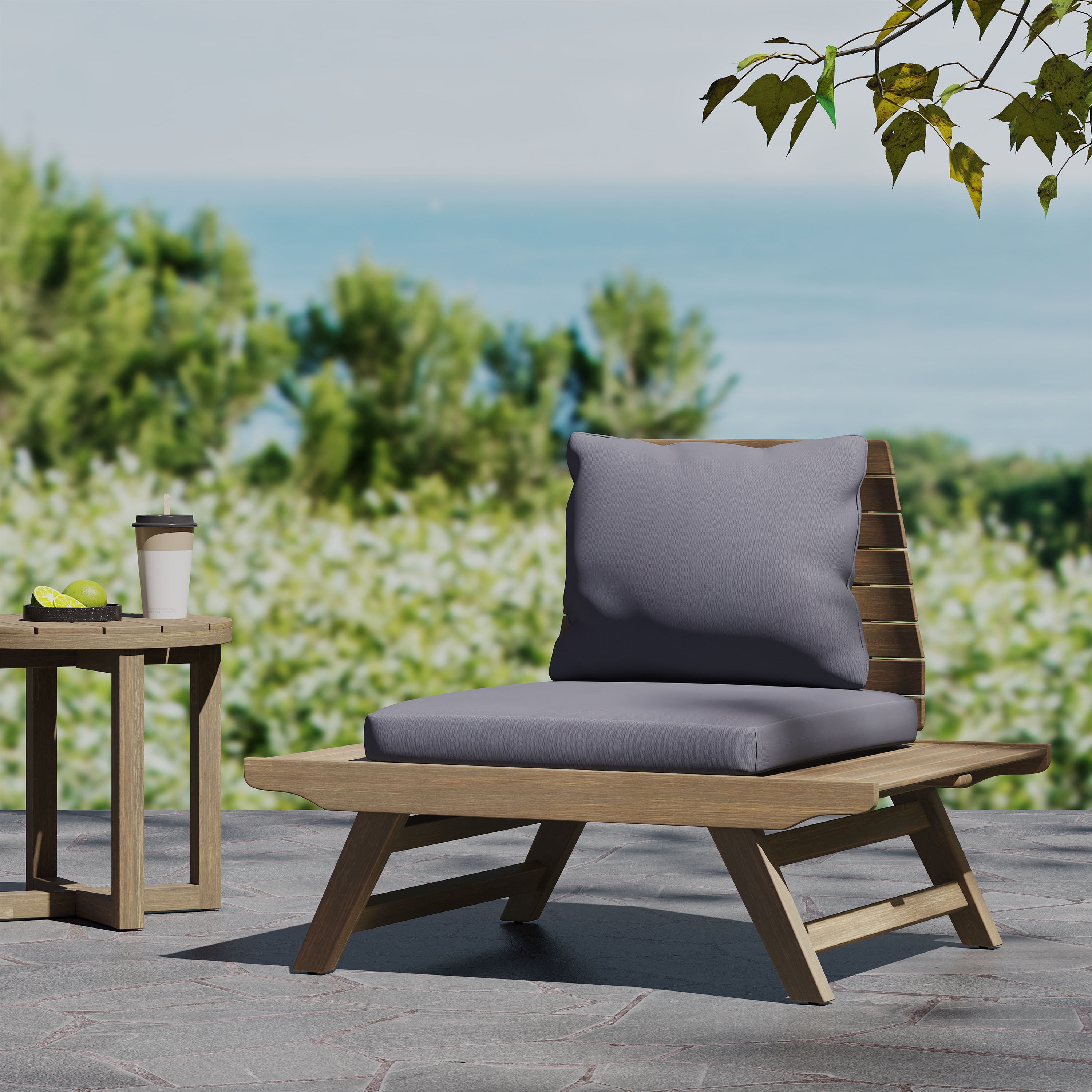 Outdoor Single Acacia Wood Club Chair, Leisure Relax Seat for Patio Garden, Dark Gray