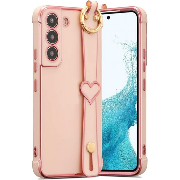 for Samsung Galaxy S21 FE 5G Case with Wristband Kickstand Plating Case Cover Slim Glossy Bling Phone Case Soft TPU Shockproof Bumper Case Luxury Electroplated Case,Pink
