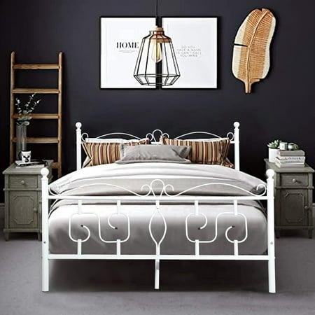 Furniturer Platform Bed Twin Full Size, Off White Metal Bed Frame