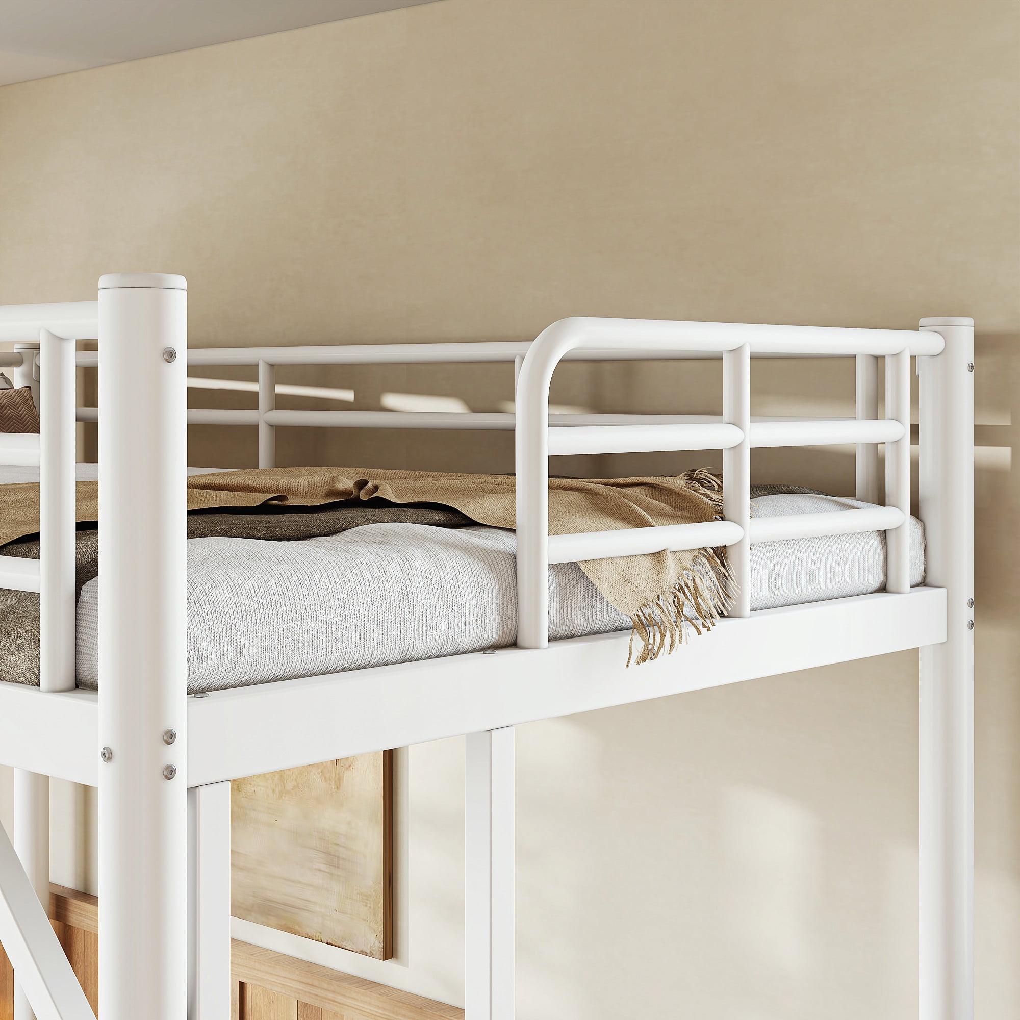 Mintazer Twin Metal Loft Bed Frame with Side Ladders & Guardrails for Teens Adults, No Box Spring Needed, White