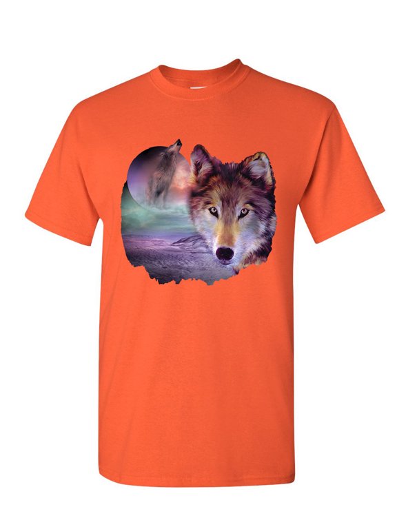 Wolf Howling at Moon T-Shirt Wilderness Wildlife Wild Wolf Pack Mens Shirt, Orange, X-Large