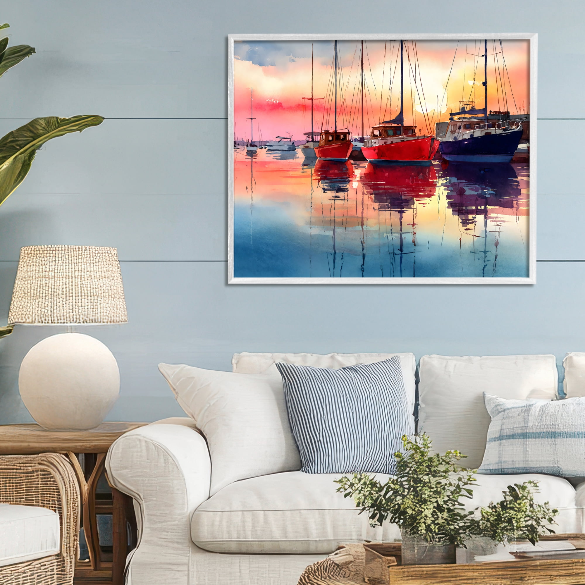 Stupell Industries Red & Blue Boats at Sunset White Framed Giclee Art, design by Franklyn Gregory