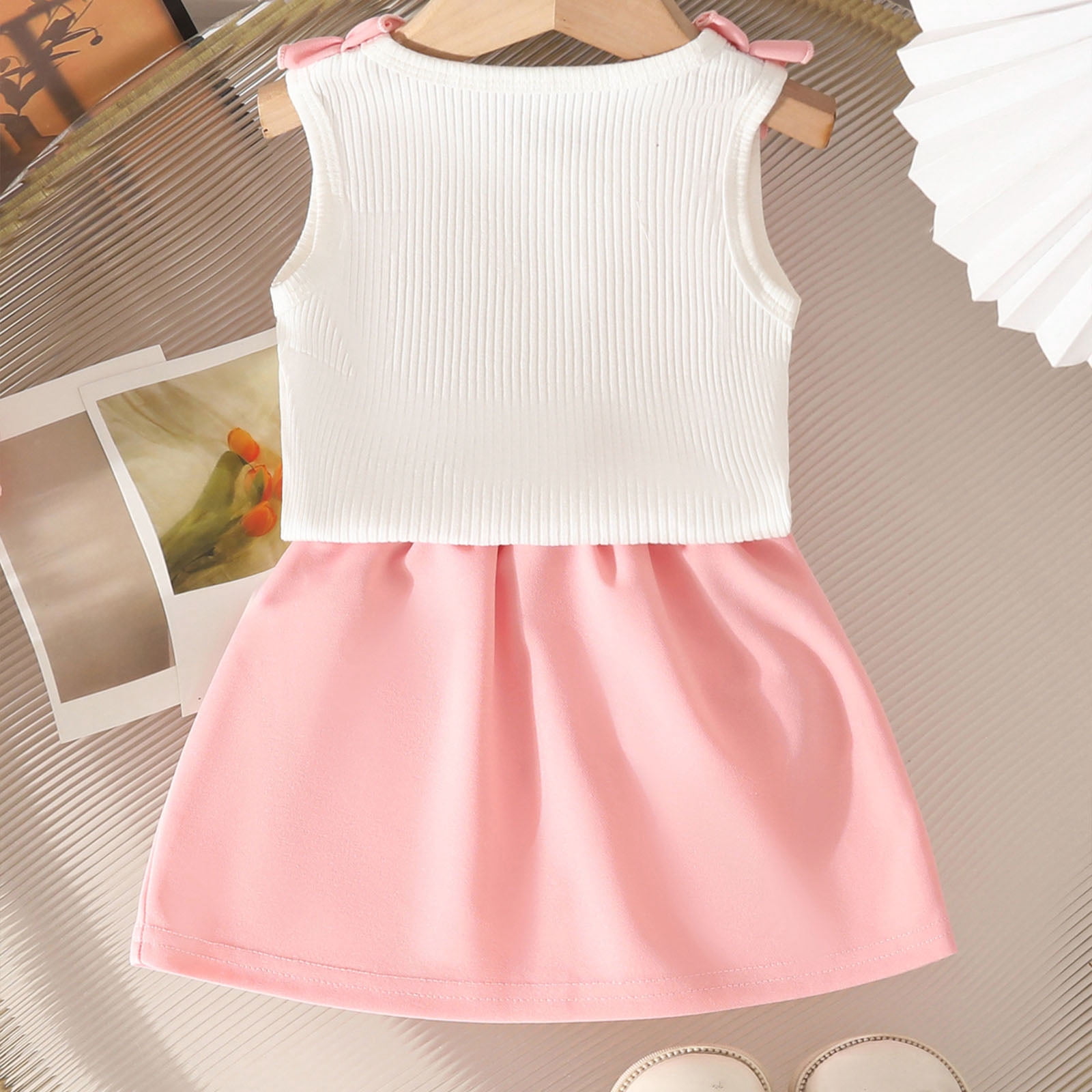 Faraee Toddler Summer Clothes for Girls Baby Ribbed Sleeveless Tops Bow Skort Set with Pockets Infant Cute Casual Outfit (12-18M,Pink)