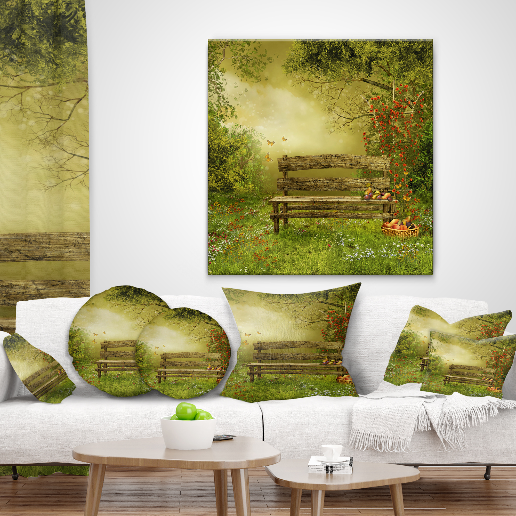 Designart Wooden Bench in Village Orchard - Landscape Printed Throw Pillow - 18x18
