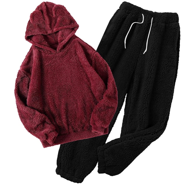 Puntoco Pijamas para mujer Ropa de dormir para el hogar para hombres y mujeres y conjunto de capucha de 2 piezas con cubierta cálida de invierno Conjunto de color sólido