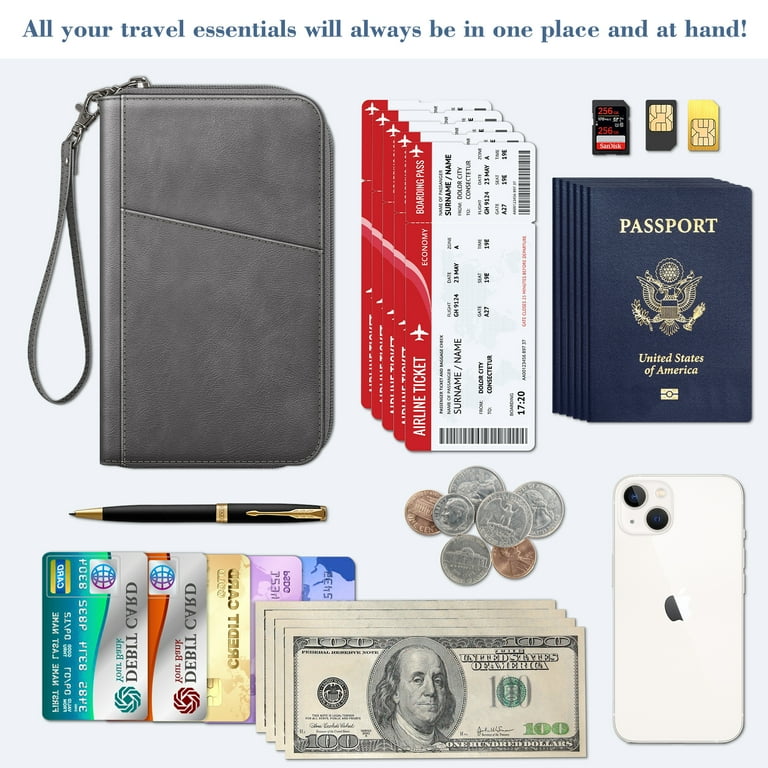 ManKn Family Passport Holder Travel Wallet, Waterproof RFID Document Organizer Case With Hand Strap Zip Closure For Men Women, Ticket Credit ID Card Cash Pouch Money Bag