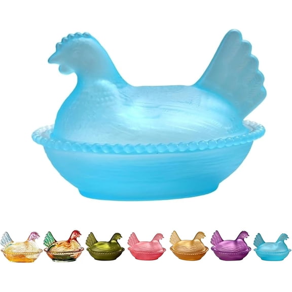 Generic Vintage Glass Hen Candy Dish with Lid Blue Chicken Jar Decor