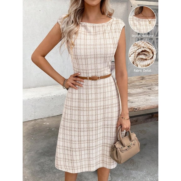 Women's Plaid Round Neck Short Sleeve Dress with Belt for Summer Office Daily Wear