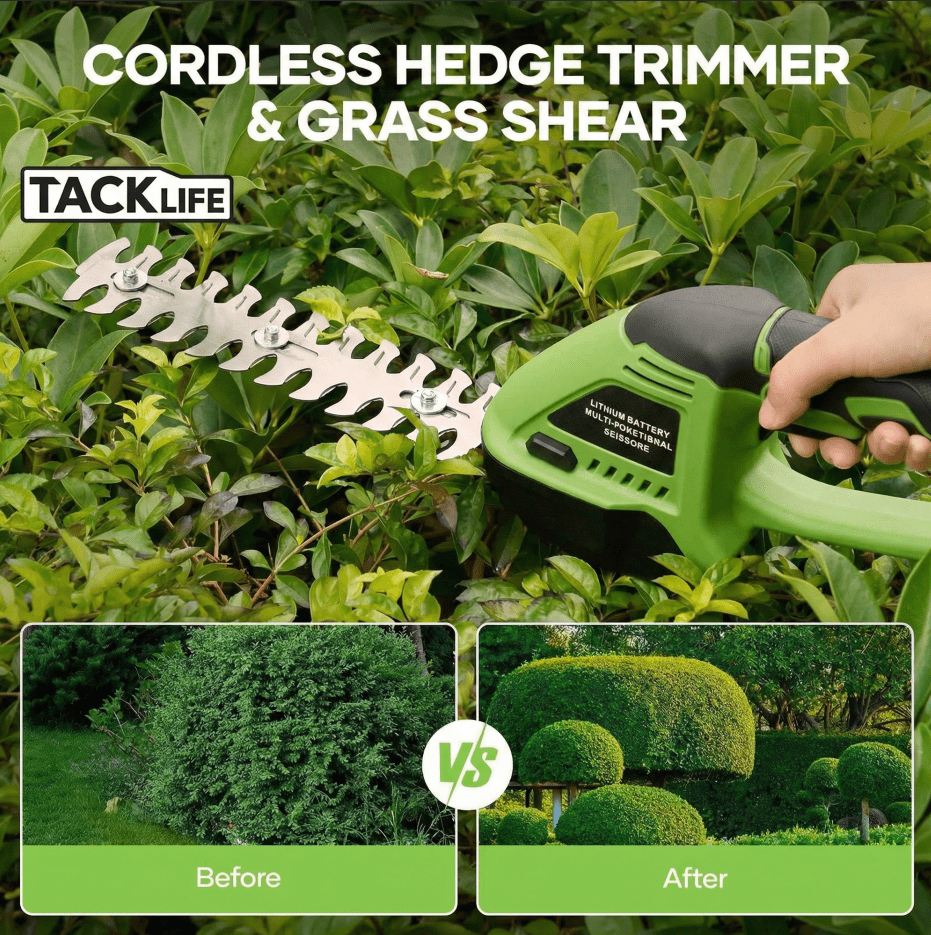 TACKLIFE 20V Cordless Hedge Trimmer & Grass Shear, 2 in 1 Handheld Electric Grass Trimmer with 2.0Ah Battery and Charger, Green