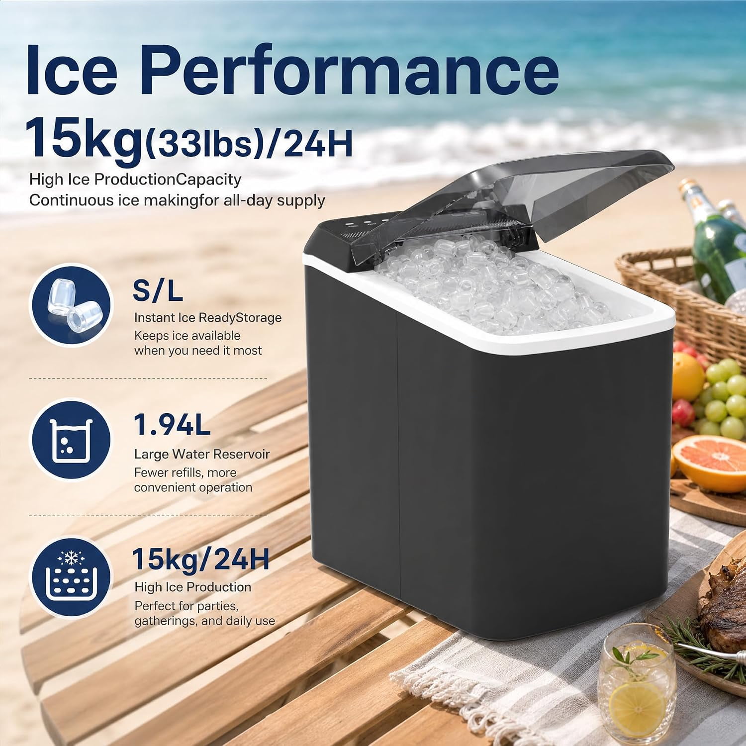 Countertop Bullet Ice Maker Machine 33lbs/Day, 6 Mins Fast Ice 2 Sizes Auto Self Clean with Ice Basket Scoop for Home Kitchen Office Bar Party RV