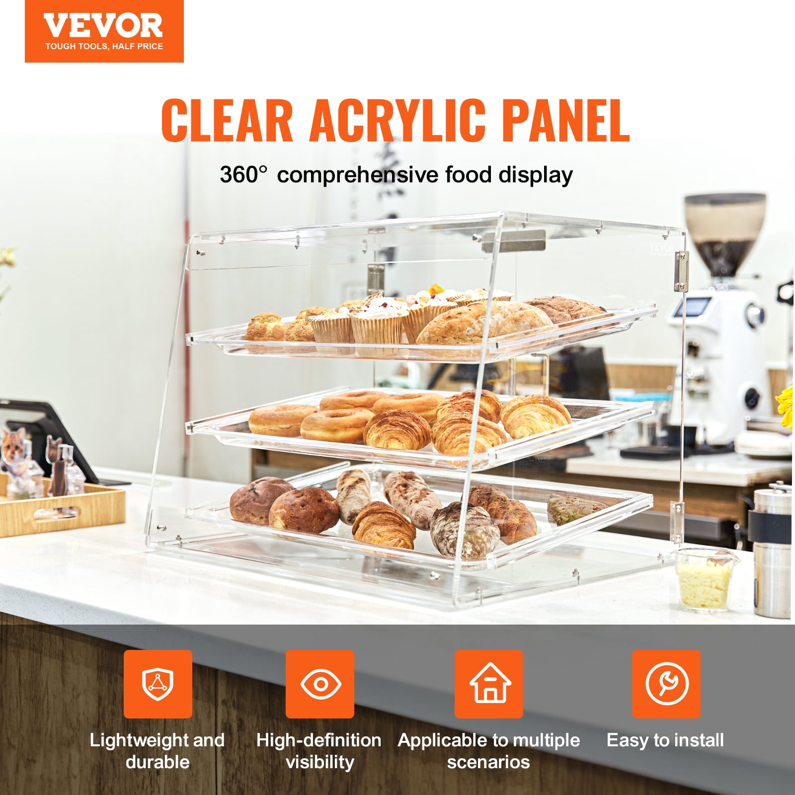 BENTISM 3-Tier Acrylic Bakery Display Case Countertop Donut Pastry Case Rear Door