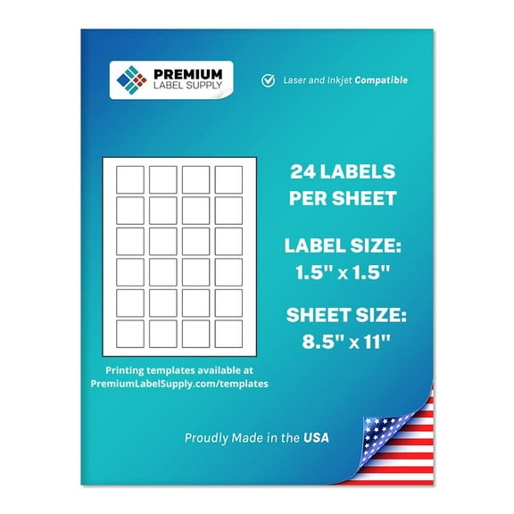 Premium Label Supply White Sticker Square Labels – 1.5” x 1.5" – Laser/Inkjet Compatible – (24 Labels/Sheet), 25 Sheets – 600 Total Adhesive Labels