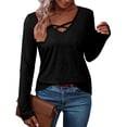 thumbnail image 1 of Camiseta de Larga con Cuello en V para Mujer, Estilo Casual, Cómoda, Elástica, de Color Liso. Negro L, 1 of 6
