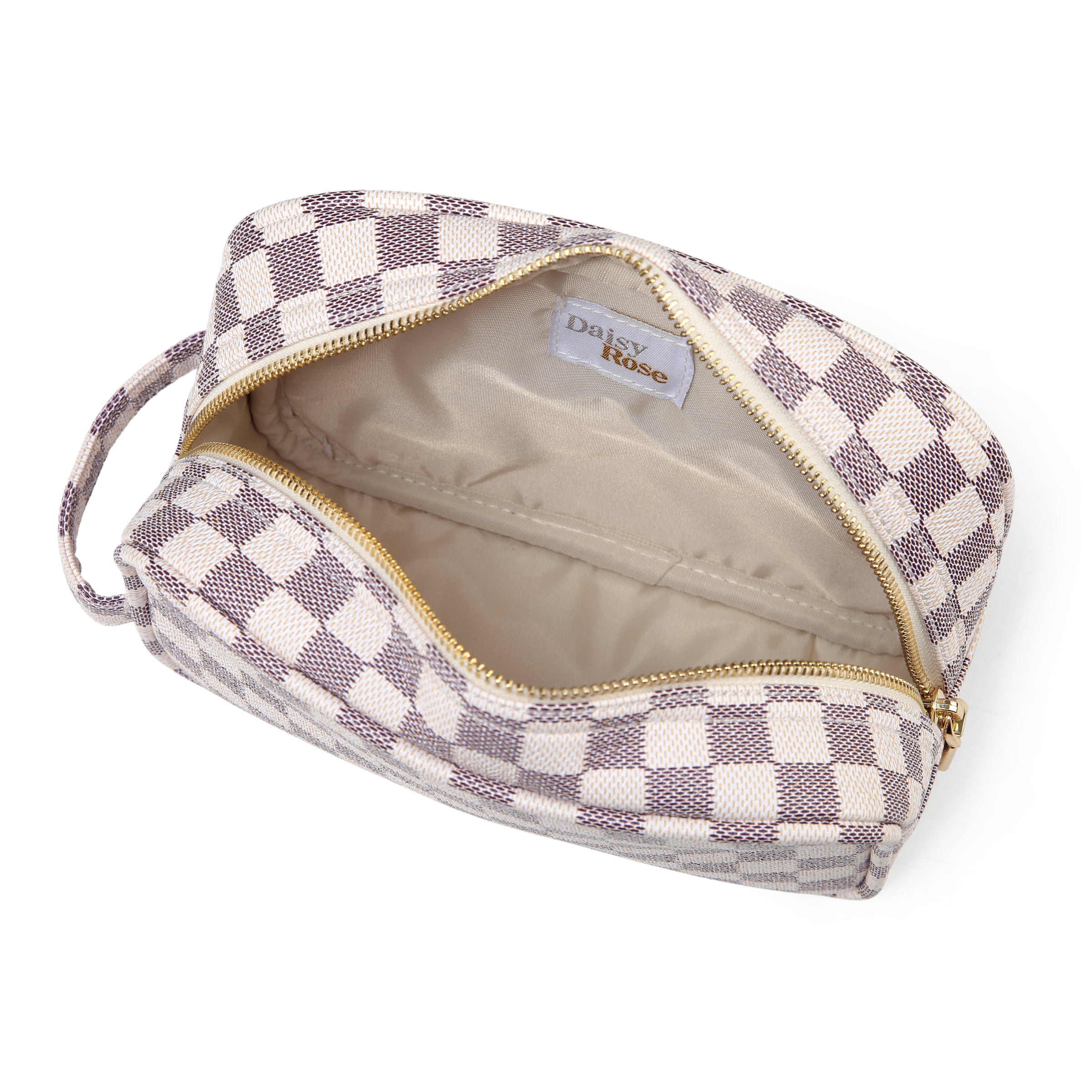 Luxury Checkered Make Up Bag, PU Vegan Leather Cosmetic Toiletry Travel Bag  