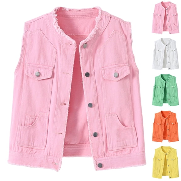 Women's Solid Color Crew Neck Denim Jacket Raw Edge Casual Coat with Pockets Pink XL(XL)