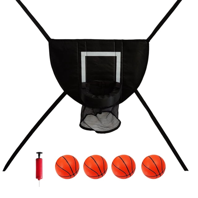 PVC Trampoline Basketball Attachment, Soft Hoop Set with 4 Balls & Inflator, Adjustable Rope for Indoor/Outdoor, Safe for Kids & Adults