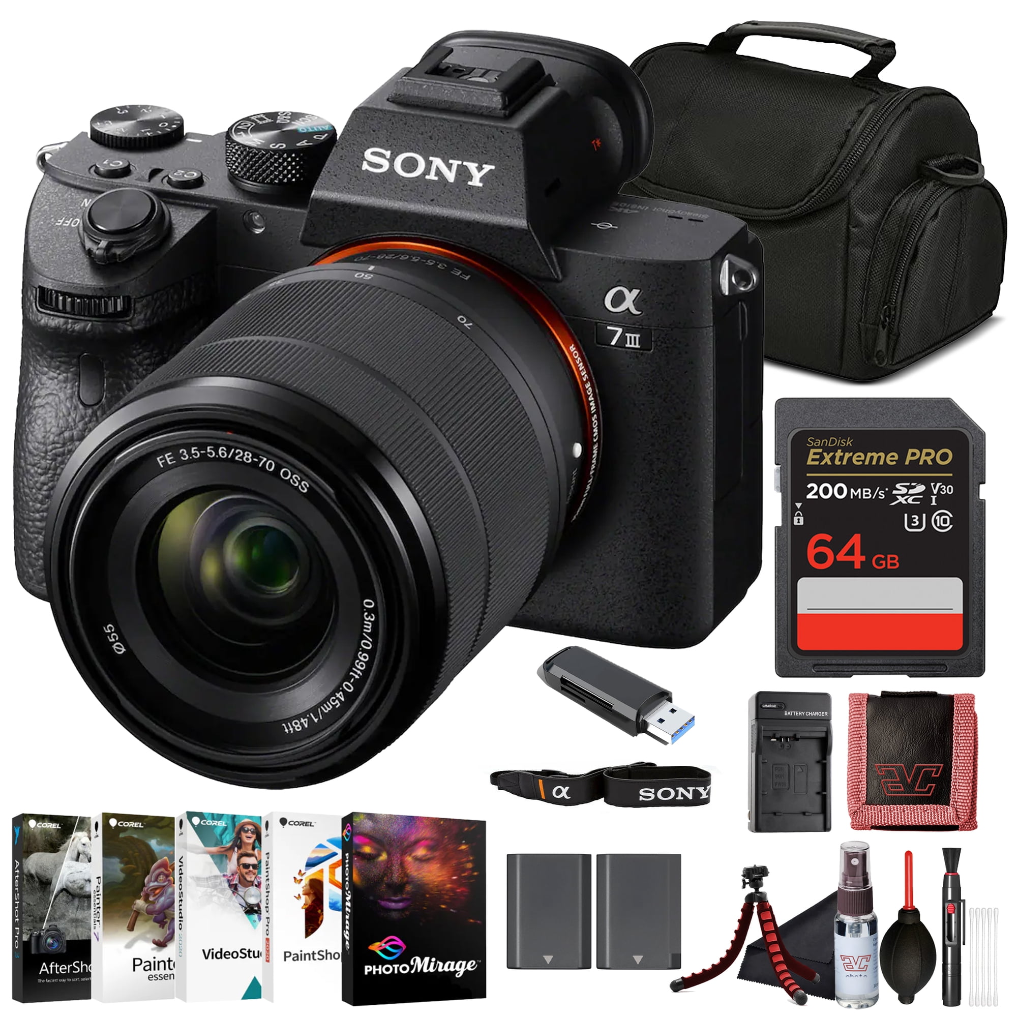 Sony α7 III Full-Frame Mirrorless Camera Kit with 28–70 mm OSS Lens (ILCE-7M3K/B) – 24.2 MP Sensor | 4K HDR Video | 64GB Memory Card, NP-FZ-100 Battery, Photo Software, Case and More