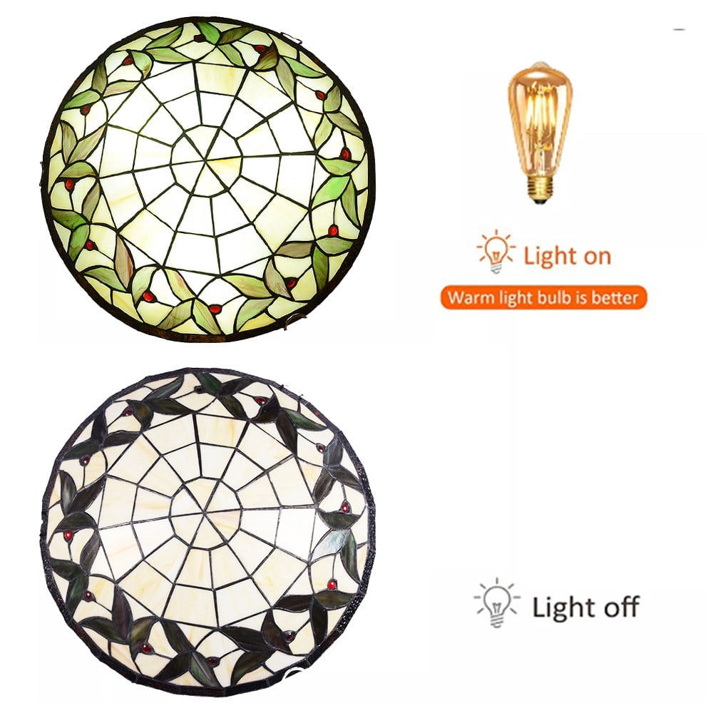 Litfad Vintage Tiffany 3 Light Flush Mount Ceiling Lighting 16" Stained Glass Shade Ceiling Lamp Fixture in Green