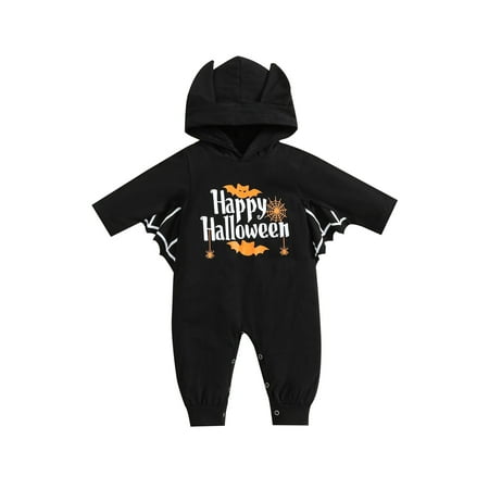 

Binwwede Newborn Baby Halloween Hooded Romper Long Sleeve Letter Print Bat Spider Web Pattern Overalls Casual Simple Jumpsuit