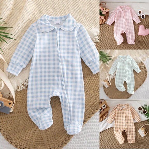 0-3 Months Newborn Baby Long Sleeve Plaid Jumpsuit Doll Climbing Suit Fart Zipper Sleep & Play One-Piece Bodysuit