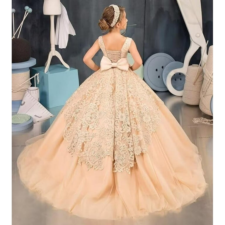 Drtj Girls' Lace Applique Flower Girl Dress for Wedding Elegant Sleeveless  Ball Gown with Tulle Skirt Lace-Up Back Ages 2-16