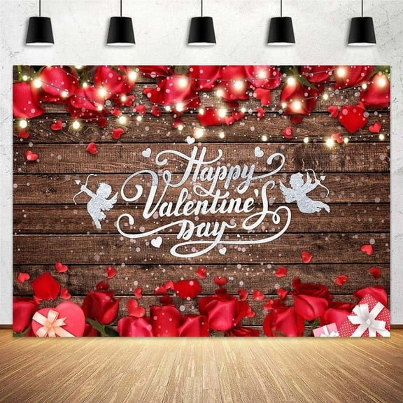 10 x 8 ft Brown Wood Love Heart Rose Print Photography Backdrop Valentine's Day Theme Backdrop Engagement Wedding Anniversary Proposal Couple Party Decoration Photo Photography Background