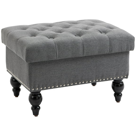 25" Gray Storage Ottoman with Removable Lid, Button-Tufted Fabric Bench with Wood Legs for Living Room