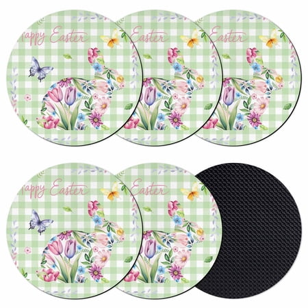 Easter Bunny Coasters Set of 6 Absorbent Coasters for Drinks Spring Flower Daisy Tulips Green Checkered Coaster for Desk Coffee Table Protection Home Decor House Warming Gifts 4
