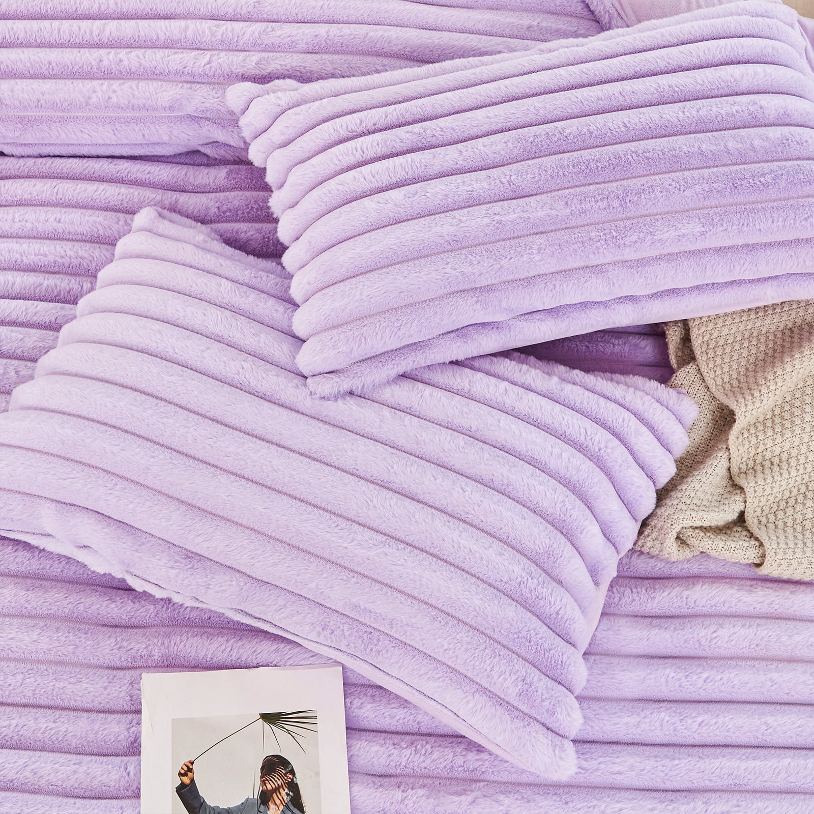 ZRNBAST Fleece Twin Comforter Set, Light Purple Super Soft Furry Plush Bedding, Luxury Fluffy Fuzzy Heavy Bed Set for Winter with 2 Pillowcases(Light Purple,Twin)
