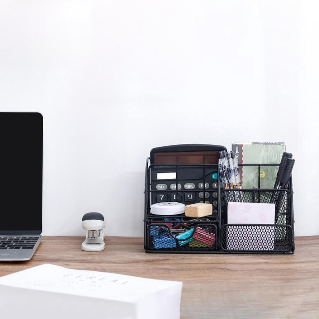 Fiocias Mesh Metal Desk Organizer with Drawer, Cosmetics Desktop Holder Pen Marker Paper Black