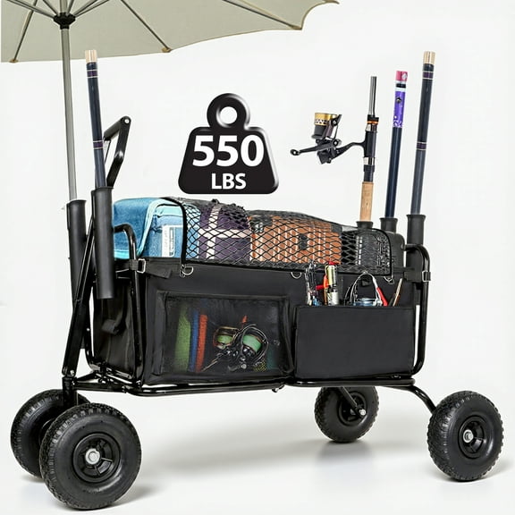 Fishing Cart with Rod Holders 500LBS - All-Terrain Beach Wagon, Steel Frame & 9" Pneumatic Sand Wheels, Multiuse Bag (Black)
