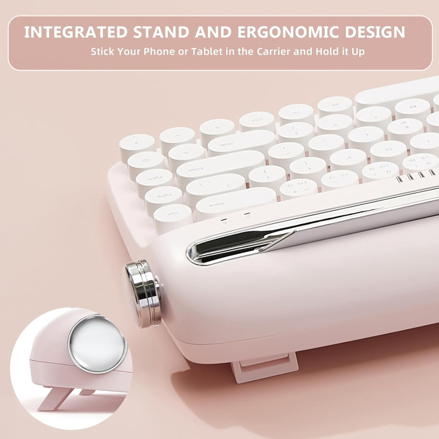 YUNZII Retro Wireless Typewriter Keyboard with Stand, USB-C/Bluetooth, Cute Round Keycaps,Stand for Table, Phone, PC and Win/Mac/Android,Pink