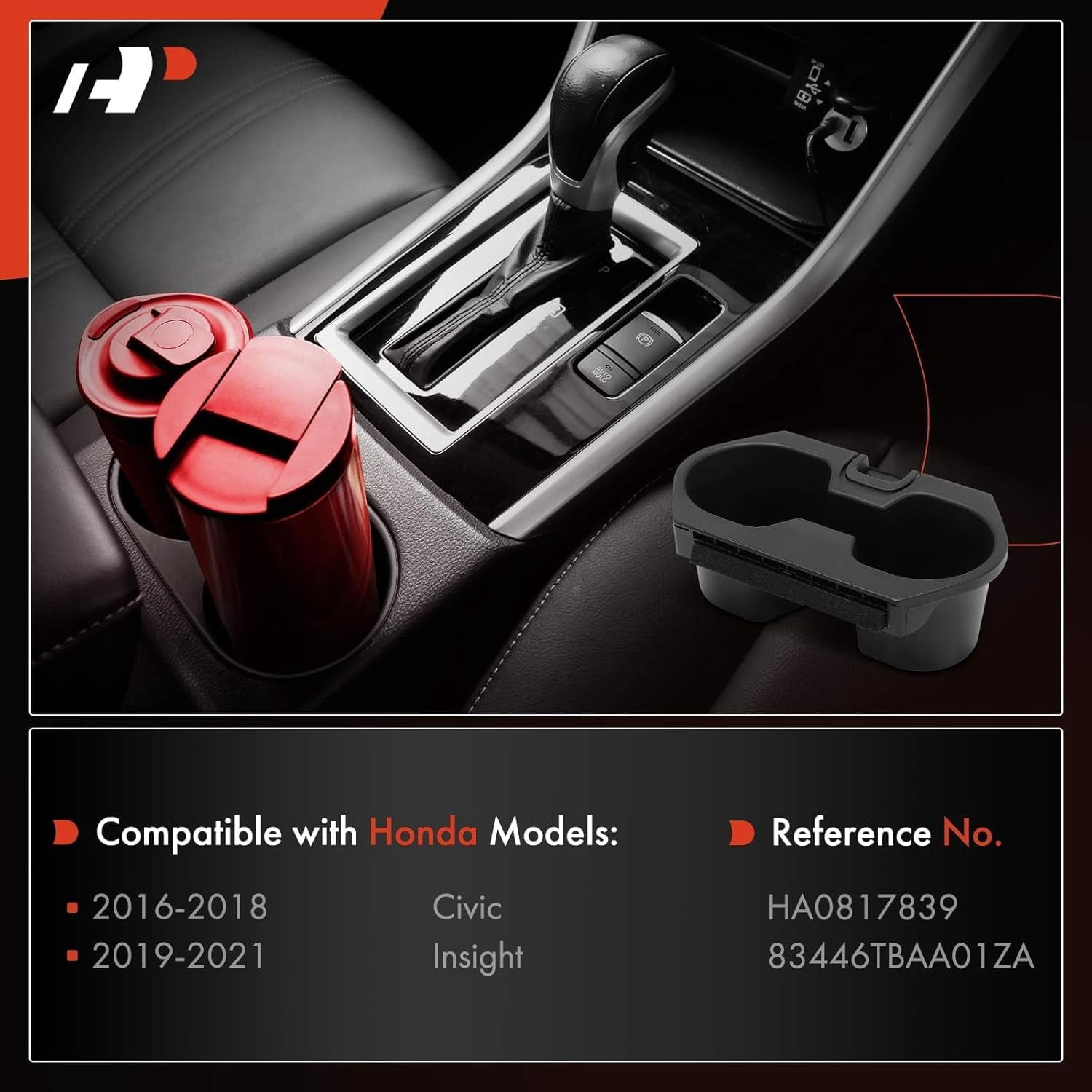 A-Premium Cup Holder Insert Compatible with Honda Civic 2016 2017 2018, Insight 2019 2020 2021, Center Console Armrest, Black, Replace# 83446-TBA-A01ZA, 83446TBAA01ZA