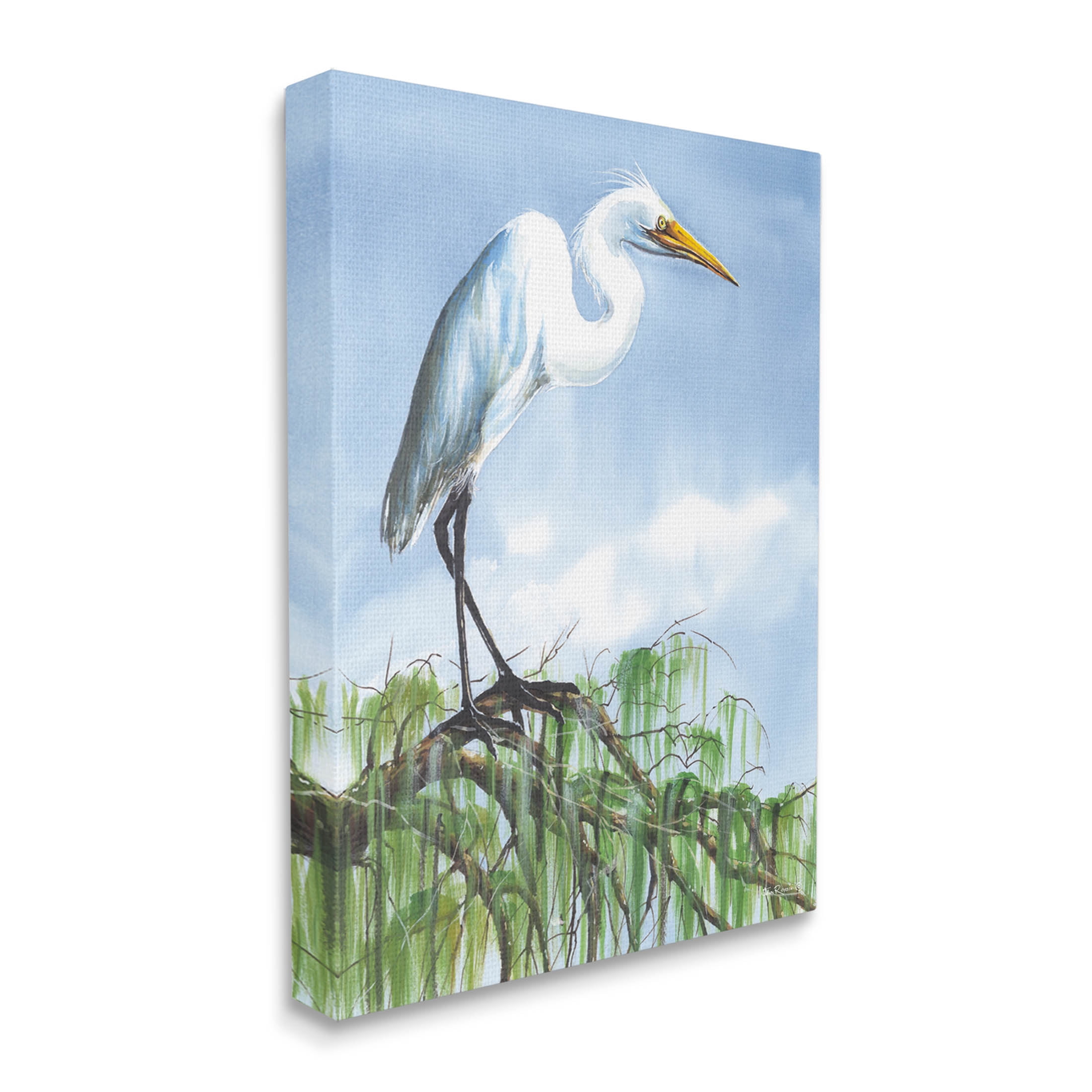 Egret Bird Balancing Branch Animals & Insects Painting Gallery Wrapped Canvas Print Wall Art