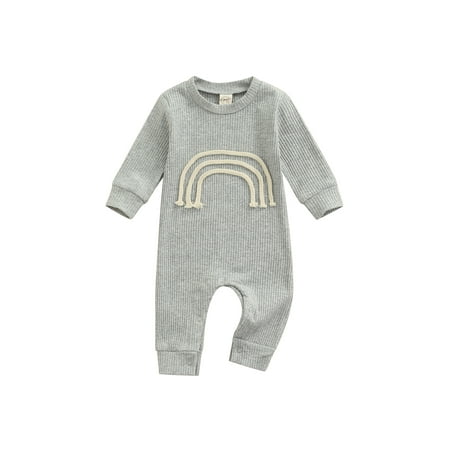 

Canrulo Newborn Baby Girl Ribbed Clothes Long Sleeve Romper Rainbow Print Jumpsuit One-Piece Fall Playsuit Clothes Grey 0-3 Months