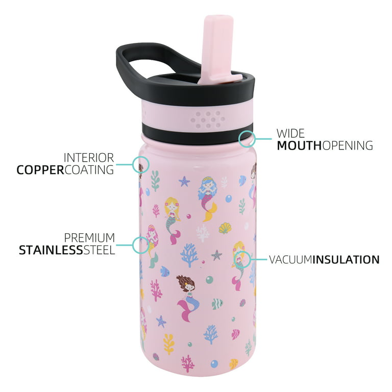 HQAYW Girl Water Bottle, 14 Oz Water Cups for Kids with 2 Lids, 18/8  Stainless Steel Water Bottles Leak-Proof, Kids Thermal Water Bottle with  Straw