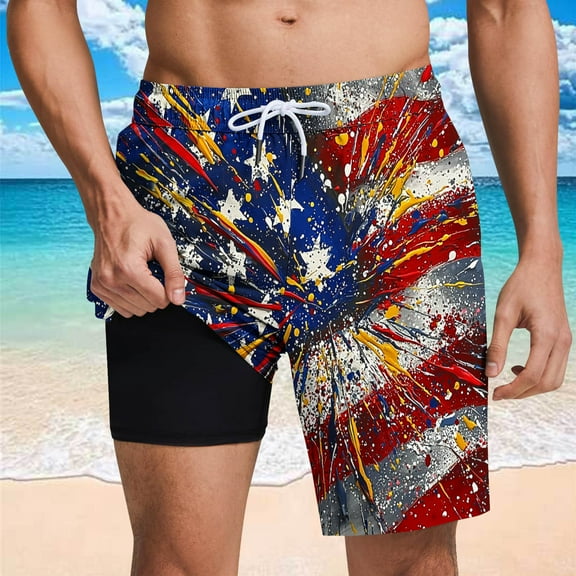 cllios Men's Independence Day Swim Trunks with Compression Liner Quick Dry Bathing Suits Patriotic Red White and Blue Print Board Shorts 4th of July Swimsuits for Men