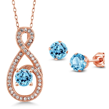 Gem Stone King 2.55 Ct Swiss Blue Topaz 18K Rose Gold Plated Silver Pendant and Earrings Jewelry Set