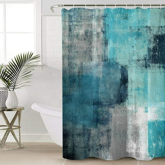 Teal Graffiti Shower Curtain Teal Green Gray Abstract Grunge Art Brush Oil Painting Polyester Bath Curtain with plastic hooks Fabric Shower Curtain for Bathroom Home Decorations, 36"x72"