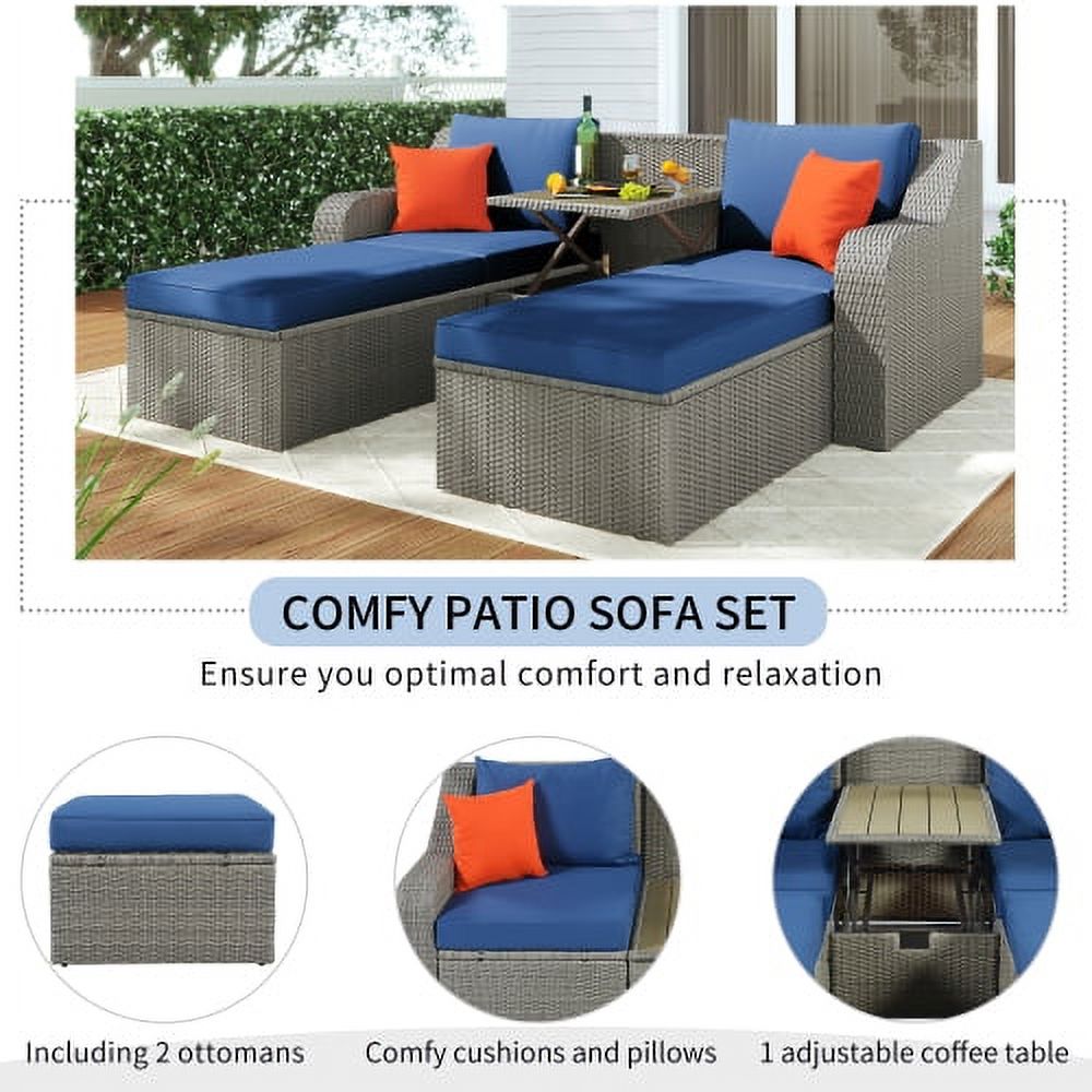 3 Piece Patio Furniture Set with 2 Pillows,Patio Wicker Sofa with Padded Cushions & 2 Removable Ottomans & Lift Top Coffee Table, Thickened PE Rattan Lounge Chair and Ottoman Set,for Yard Garden Porch - image 3 of 7