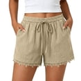 thumbnail image 2 of Favoffer Shorts for Women Linen Blend Lace Elastic Waist Drawstring Summer Beach Shorts with Pockets Casual Loungewear, 2 of 8